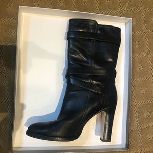 Aquatalia High Heel Mid-Calf Black Weatherproof Leather Boots